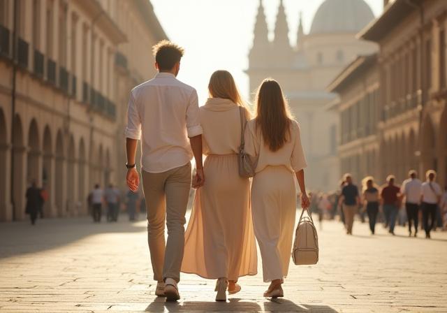 Diverse group of travelers exploring a historic site in modest, elegant clothing