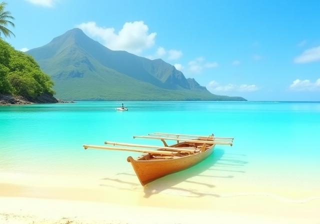 Traditional Polynesian outrigger on clear blue water