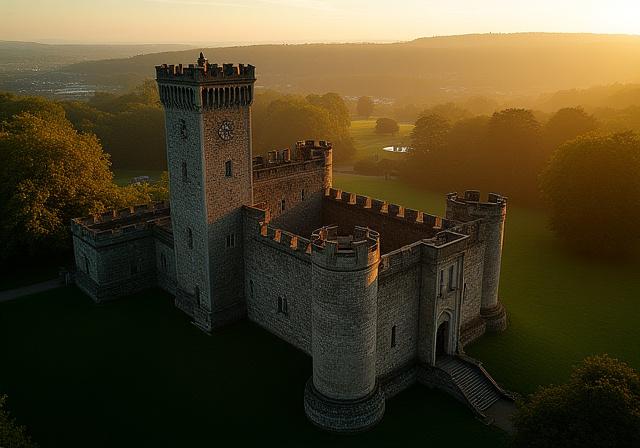 Panoramic view of Cardiff Castle under a dramatic sky
