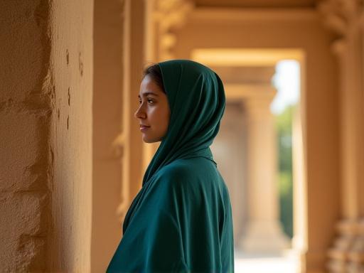 A woman wearing a beautiful silk shawl over her shoulders at an ancient temple entrance