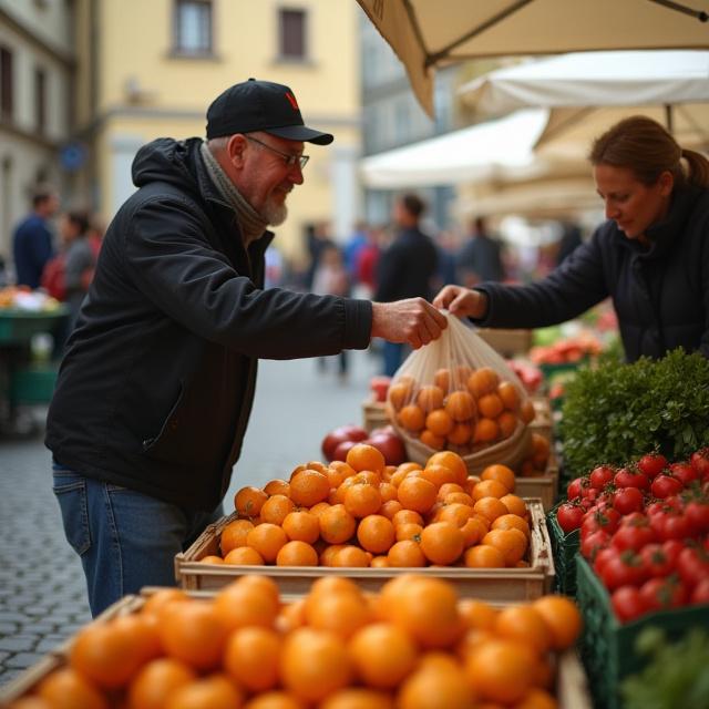 A vibrant local food market in a European square where locals are interacting