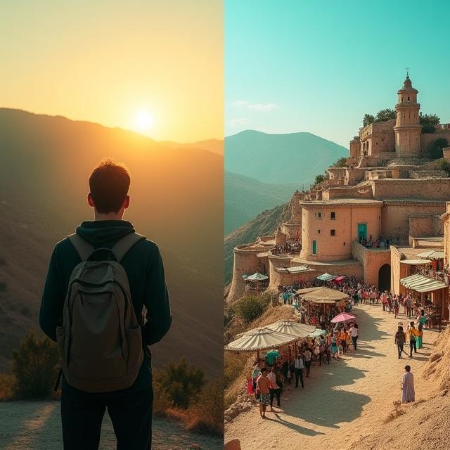 A lone wanderer looking over a scenic ridge versus a busy city center