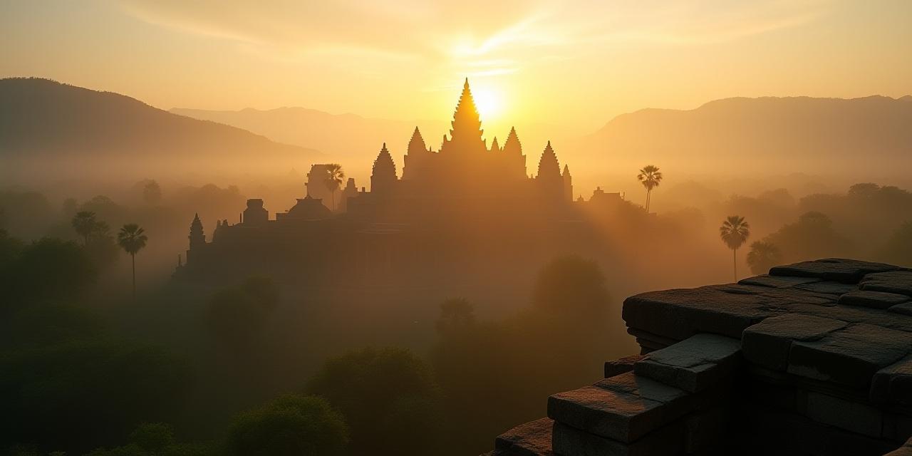 Panoramic view of an ancient temple complex at sunrise representing world heritage sites